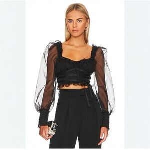 For Love & Lemons Size Medium Gabrielle Black Sheer Puff Sleeve Crop Top